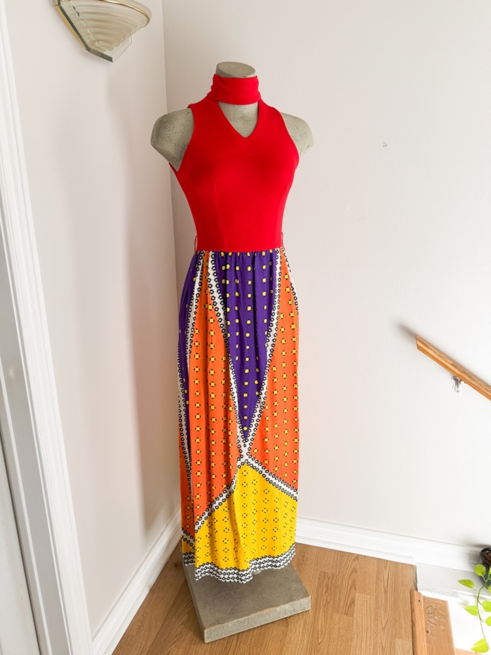 Vintage 60s 70s Halter Top Colorblock Maxi Dress